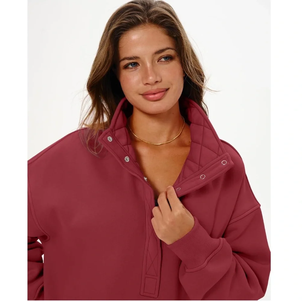 NWT Locachy Henley Neck Button Oversized Sweatshirt Burgundy size small - Picture 4 of 7